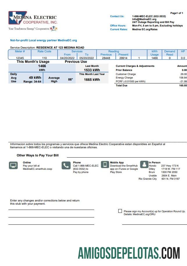 imprimível Modelo de conta de serviço público elétrico dos EUA Texas Medina em formato Word e PDF